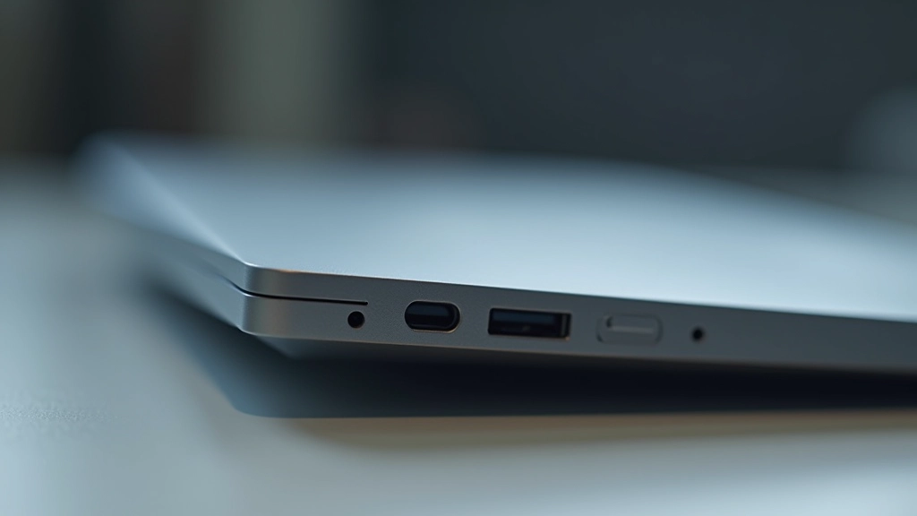 Zbliżenie na aluminiową obudowę laptopa biznesowego z portami zabezpieczającymi