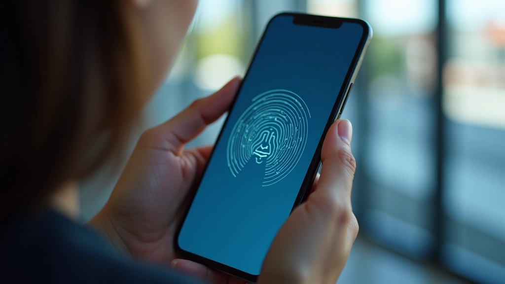 Zbliżenie na ekran smartfona podczas skanowania twarzy do weryfikacji biometrycznej aplikacji bankowej