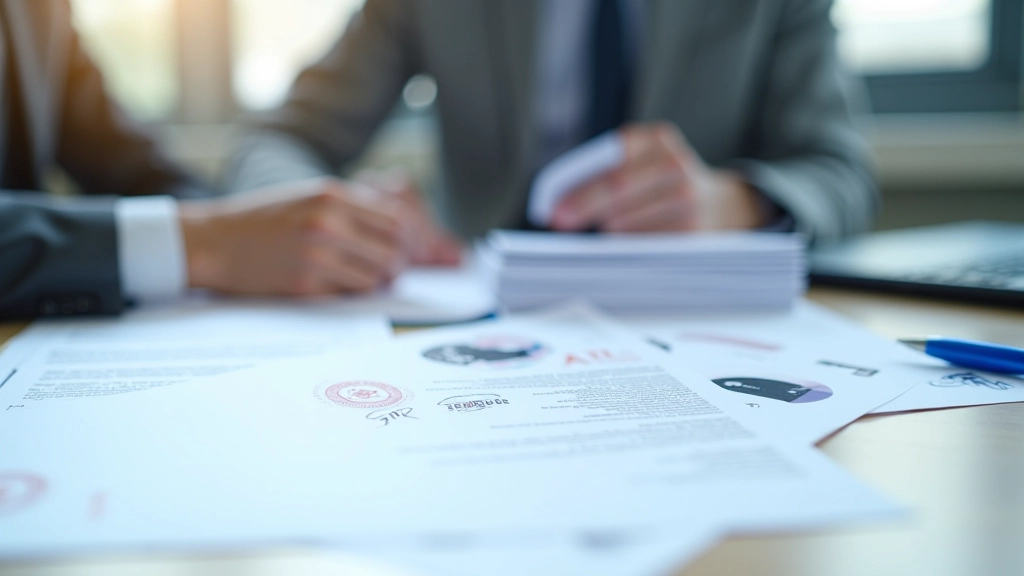 Stos papierowych dokumentów z pieczęciami i podpisami leżący na biurku